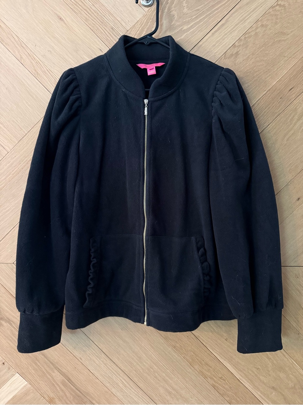 Lilly Pulitzer Black Fleece Puff-Sleeve Zip Bomber Jacket